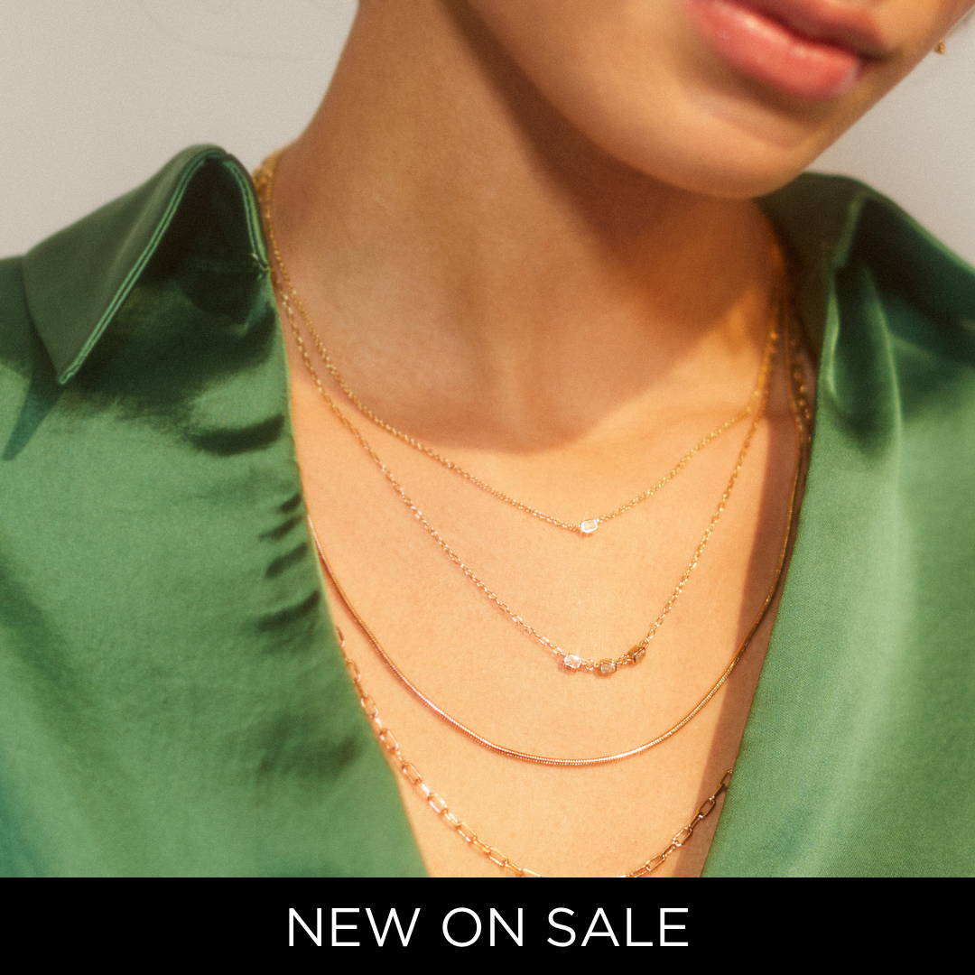 SHOP NEW ON SALE (IMAGE OF MODEL WEARING LAYERED GOLD CHAIN NECKLACES) 
