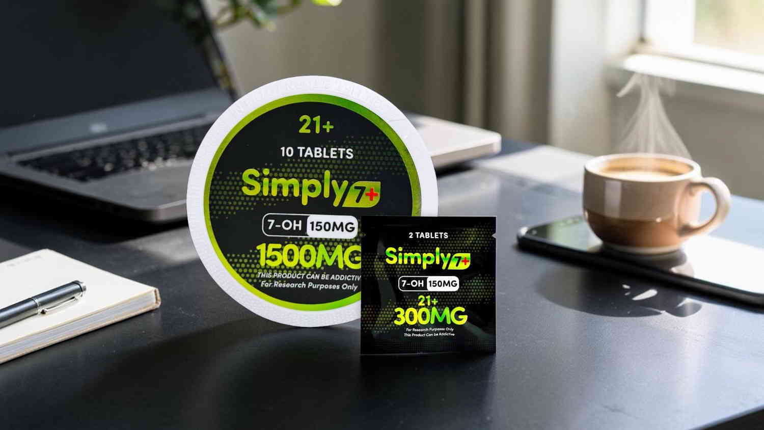 Simply product packaging on a desk with a cup and laptop.