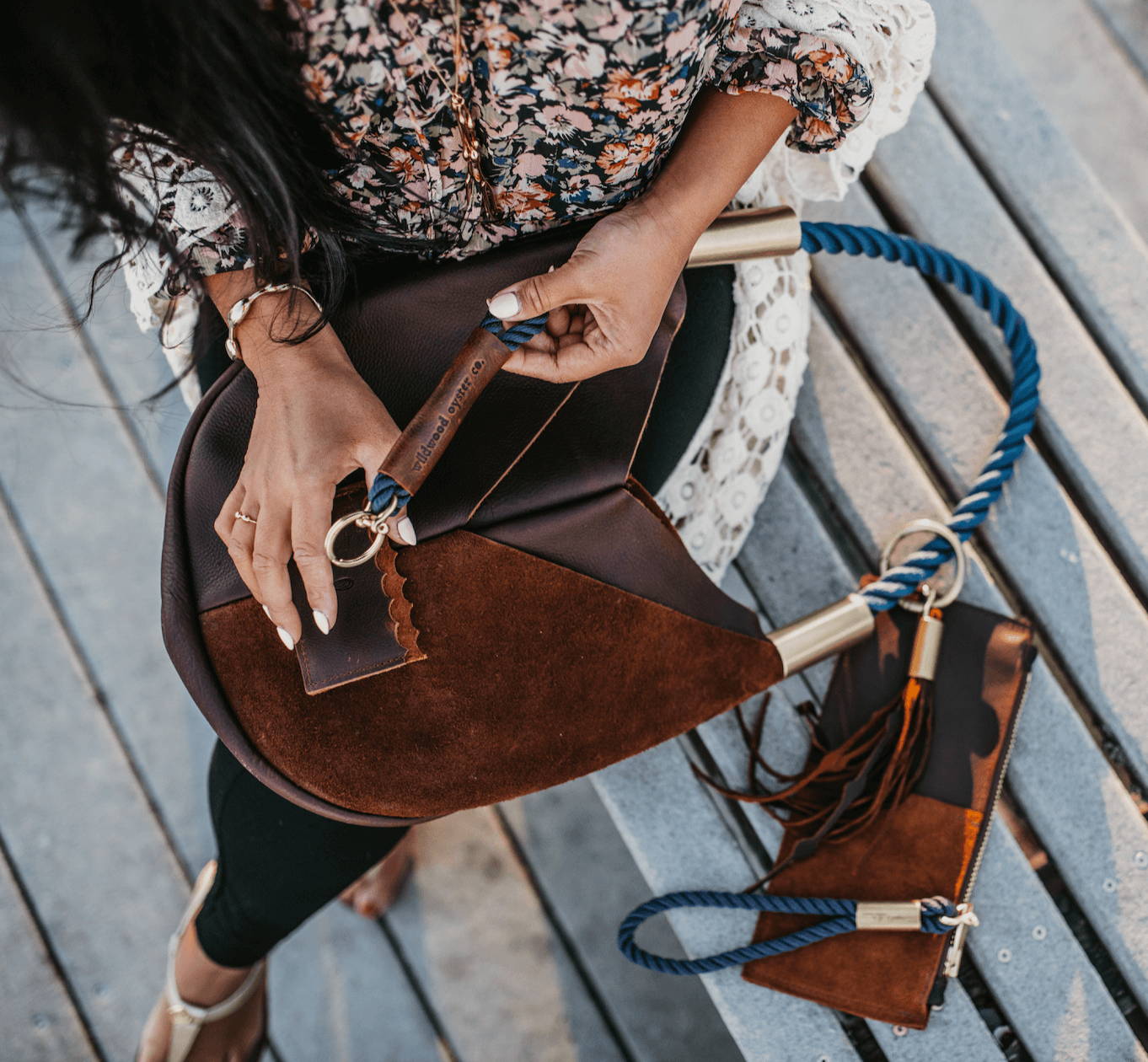 brown leather bag with navy rope, navy rope keychain, navy rope leather clutch and card holder