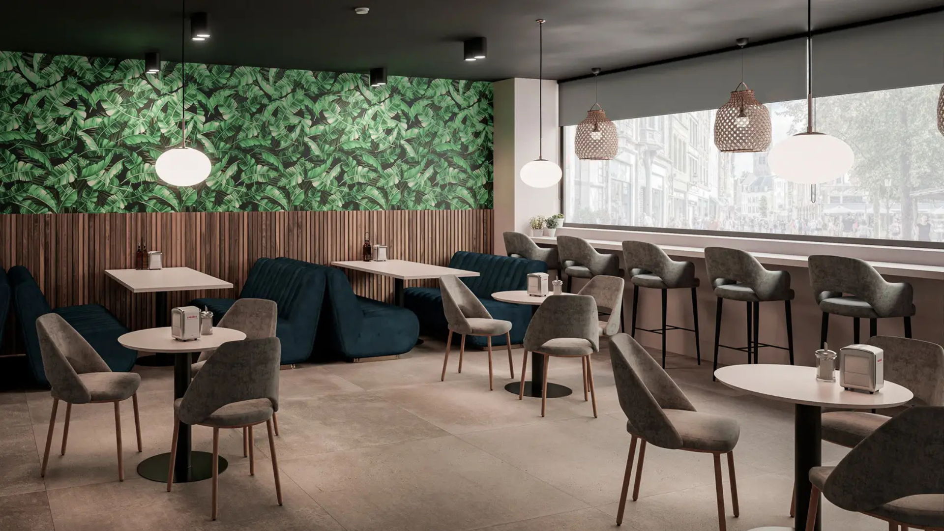 Modern café interior with Alluslate wall panels with green leaves, tables, and stylish seating.