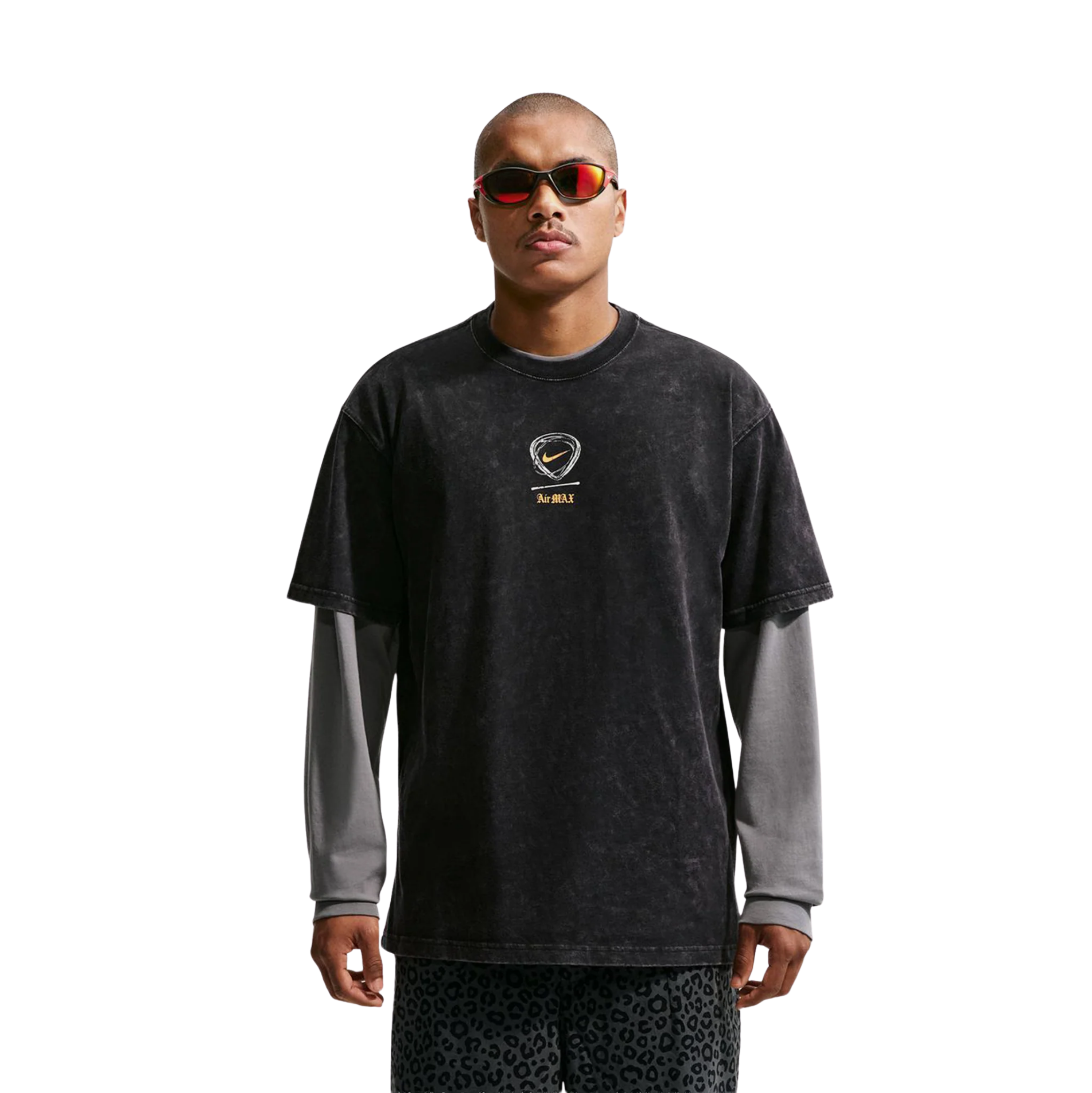 Person wearing sunglasses and a black t-shirt with layered long sleeves.