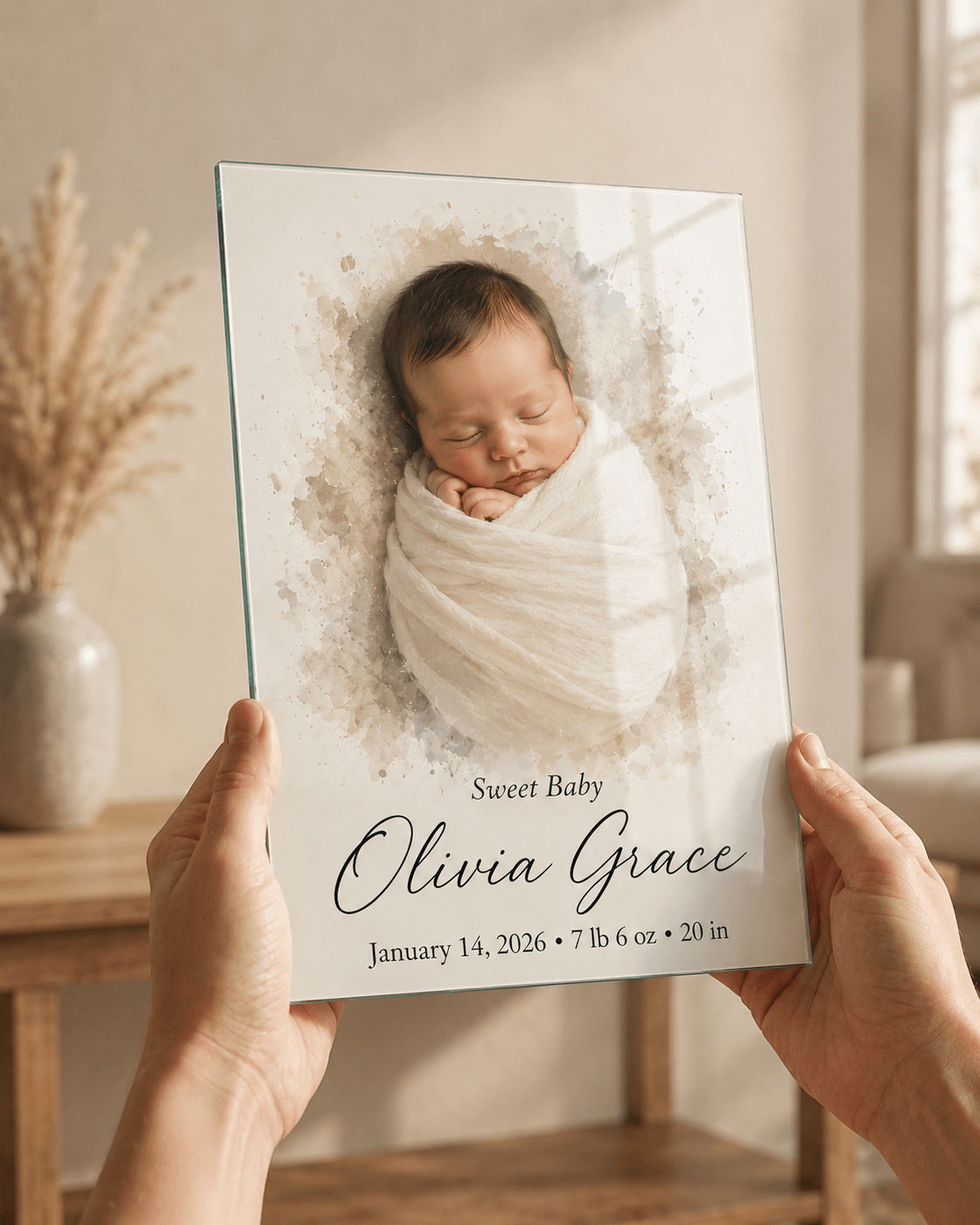 A person holding a framed newborn photo with details and a floral background.