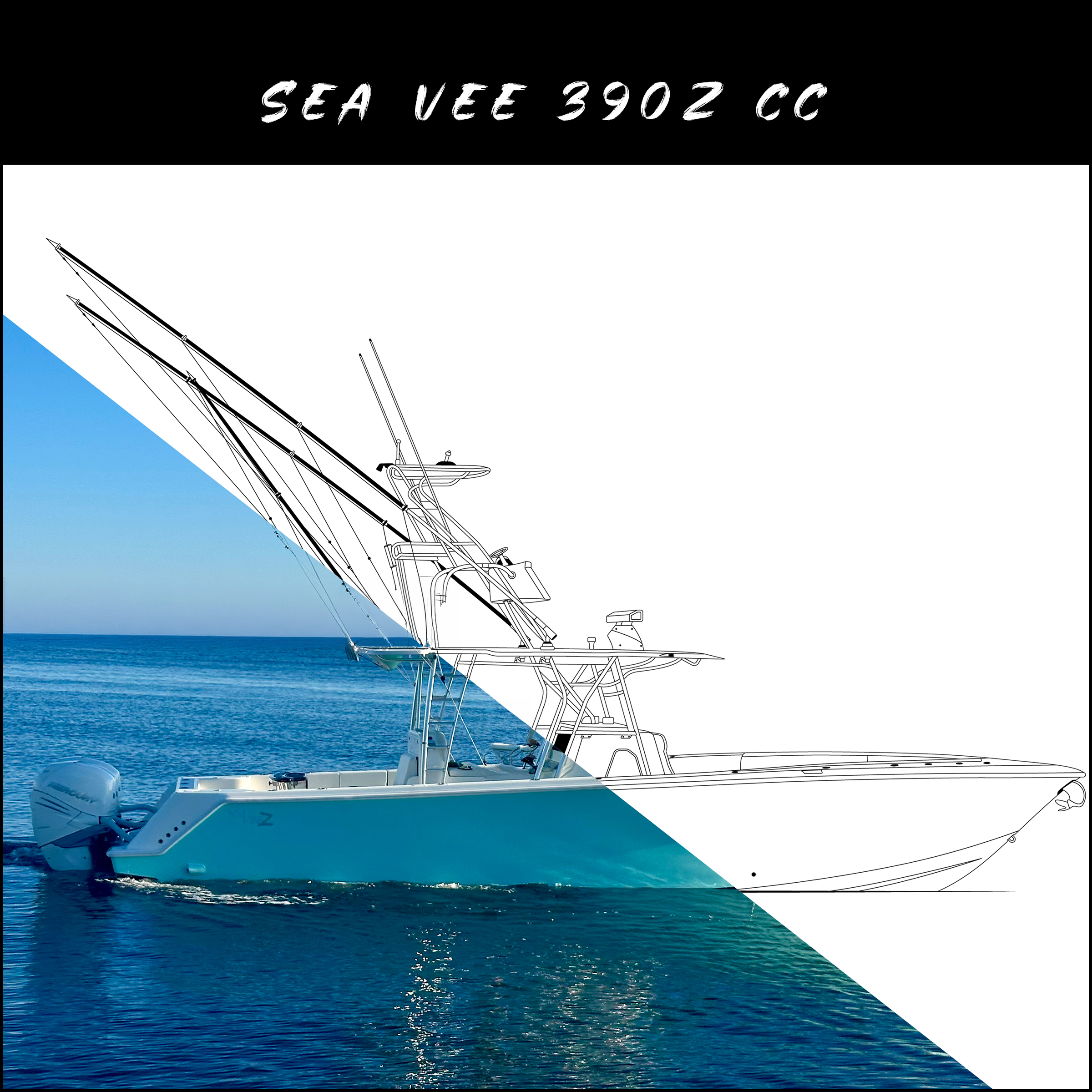 Sea Vee 390Z CC center console boat artwork featuring a split-design effect with a realistic offshore boat photo blending into a detailed black-and-white line drawing over calm blue ocean water.