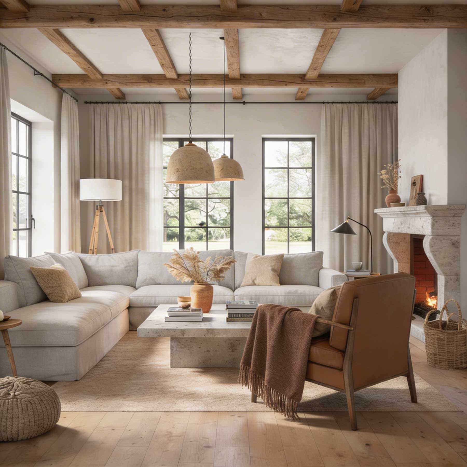 Cozy living room with a sectional sofa, wooden beams, and warm decor.