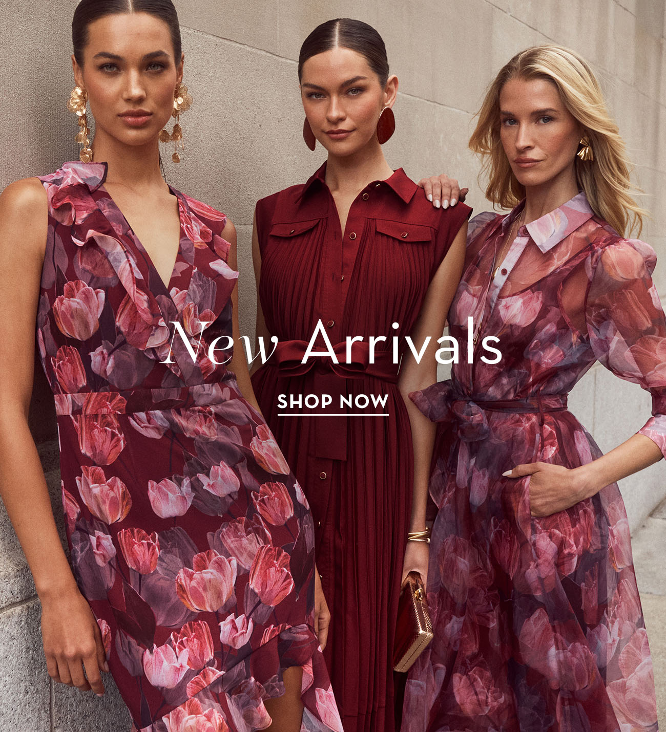 Three models showcasing floral dresses with the text 