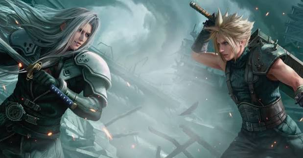 final fantasy - buggest mtg set 2025 - Two characters battling with swords in a stormy background.
