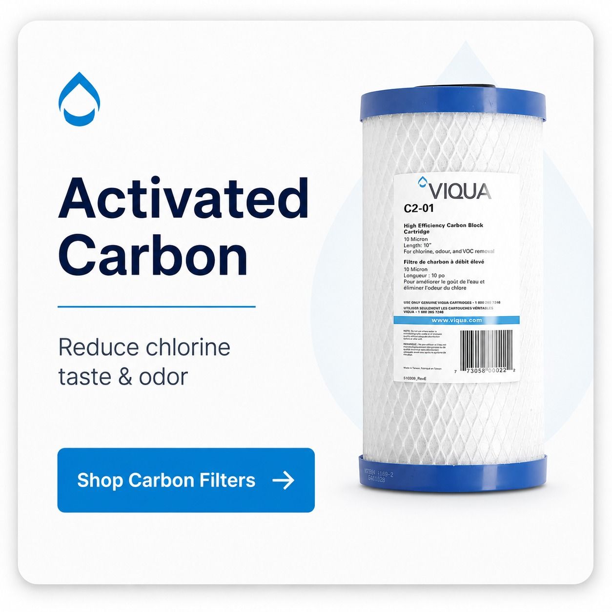 Activated carbon filter for reducing chlorine taste and odor.