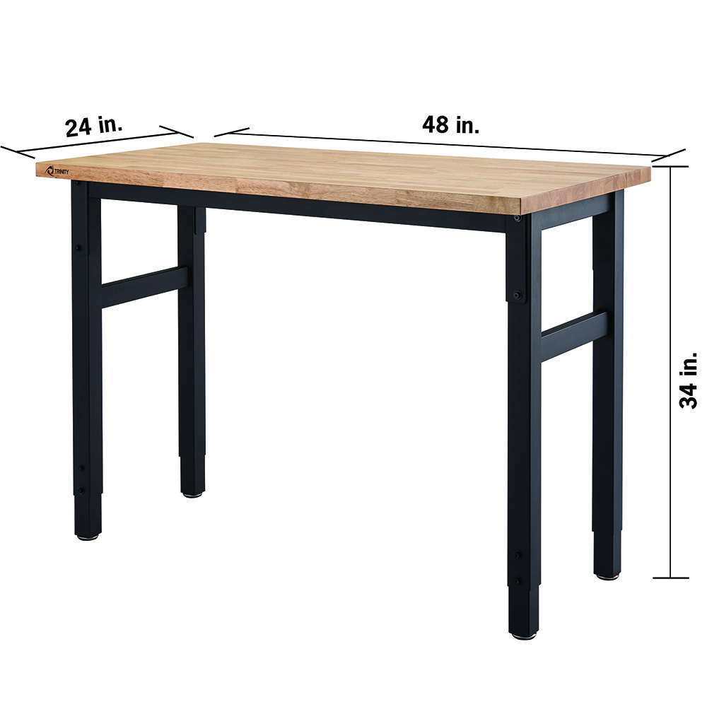 work table dimensions, 48 inches wide, 24 inches deep and 34 inches high