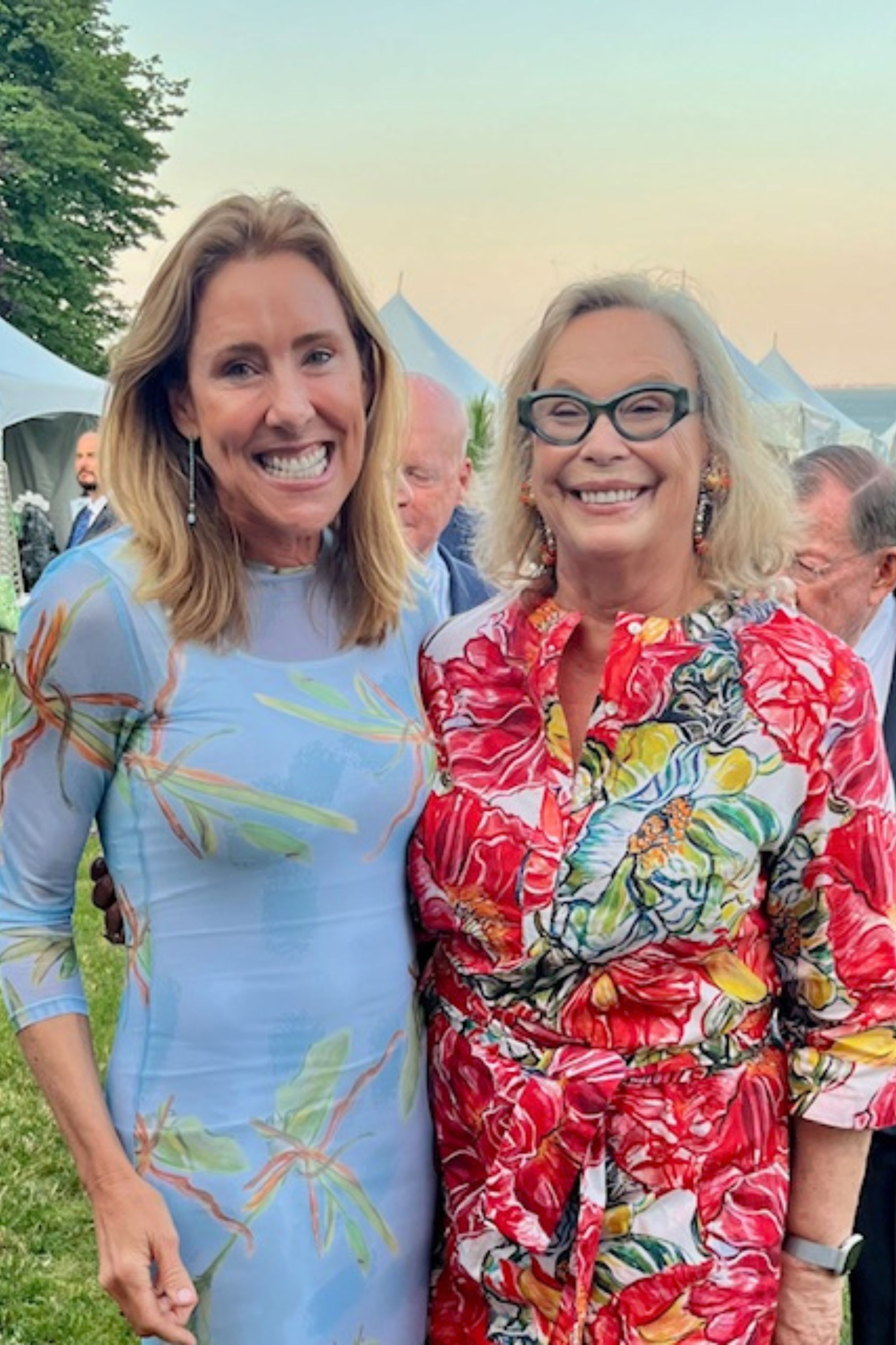 Ala Isham and Guest wearing Ala von Auersperg a designer for womens luxury travel clothing at the Newport Flower Show in Rhode Island at the Breakers Mansion