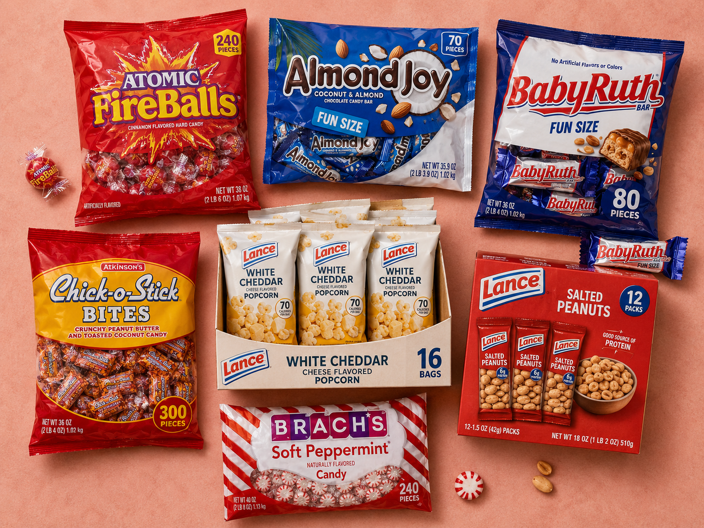 Seasonal Event Kit bulk candy bundle for churches, fall rotation: Atomic FireBalls, Almond Joy and Baby Ruth fun size, Chick-o-Stick Bites, Lance White Cheddar Popcorn and Salted Peanuts, and Brach's Soft Peppermint