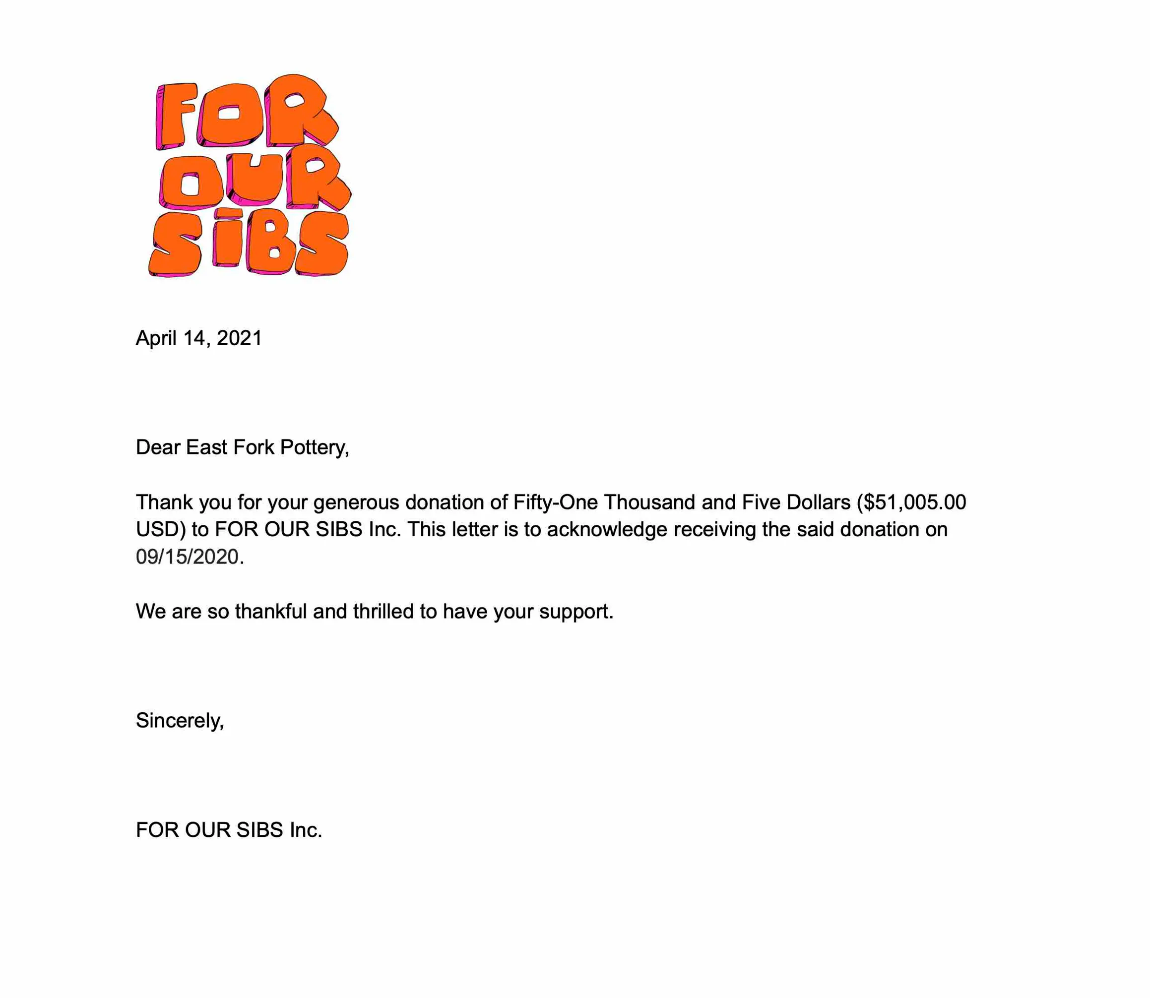 For Our Sibs donation thank you letter to East Fork