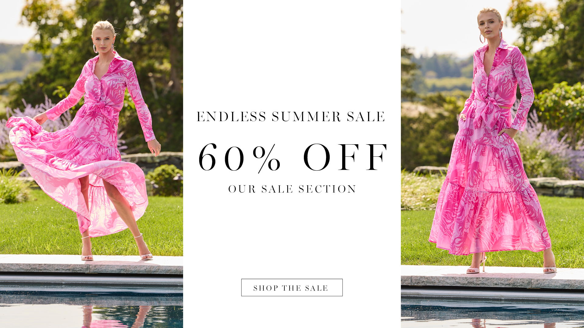 Model in pink dress promoting 60% off summer sale.