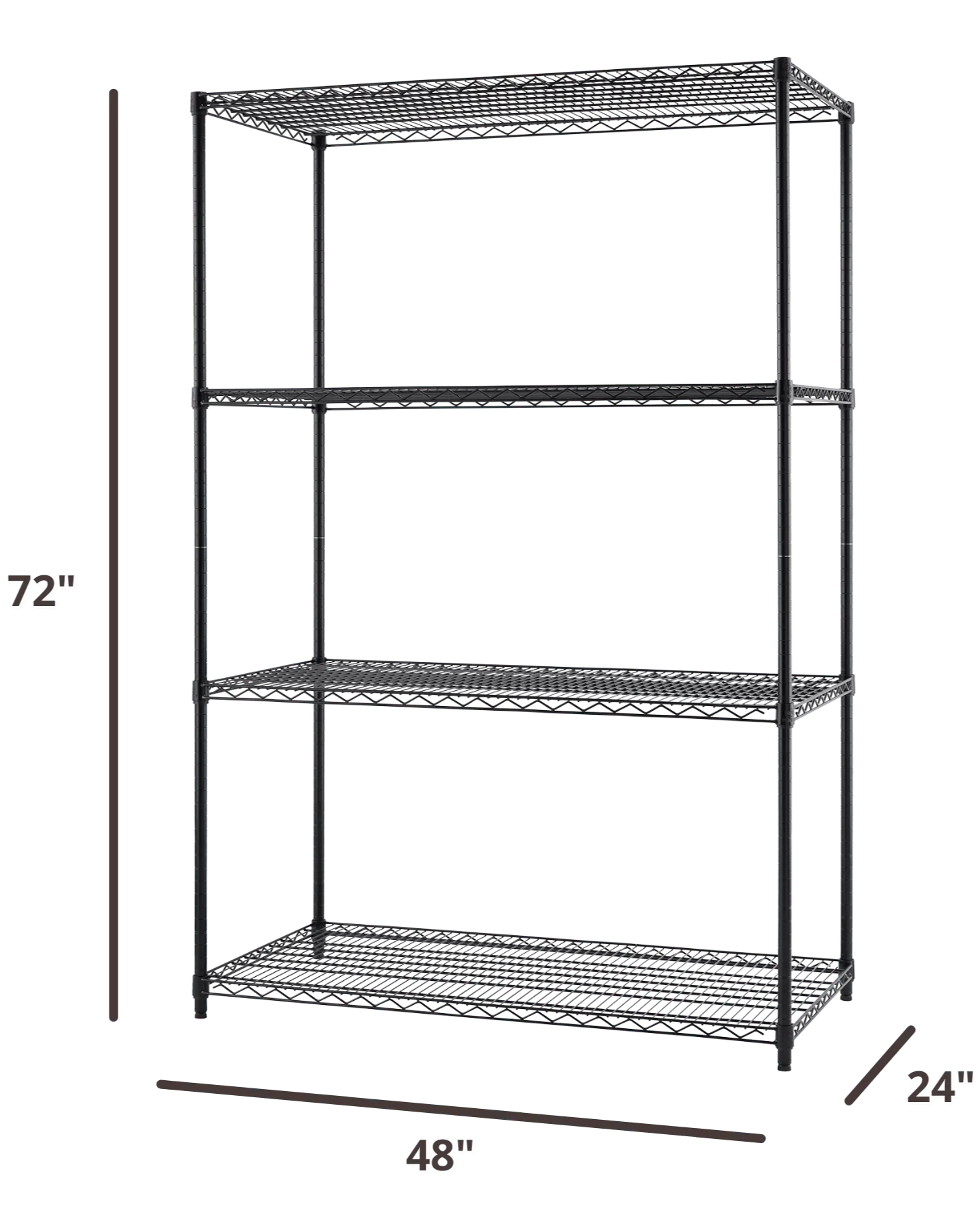 48 inches wide by 24 inches deep black wire shelving rack