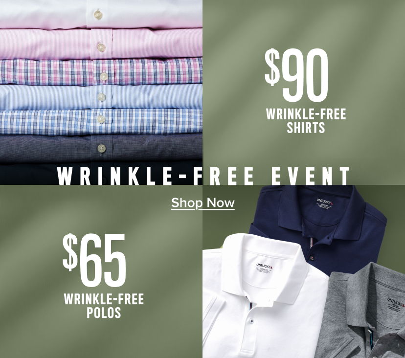 Wrinkle-free event featuring shirts and polos with pricing details.