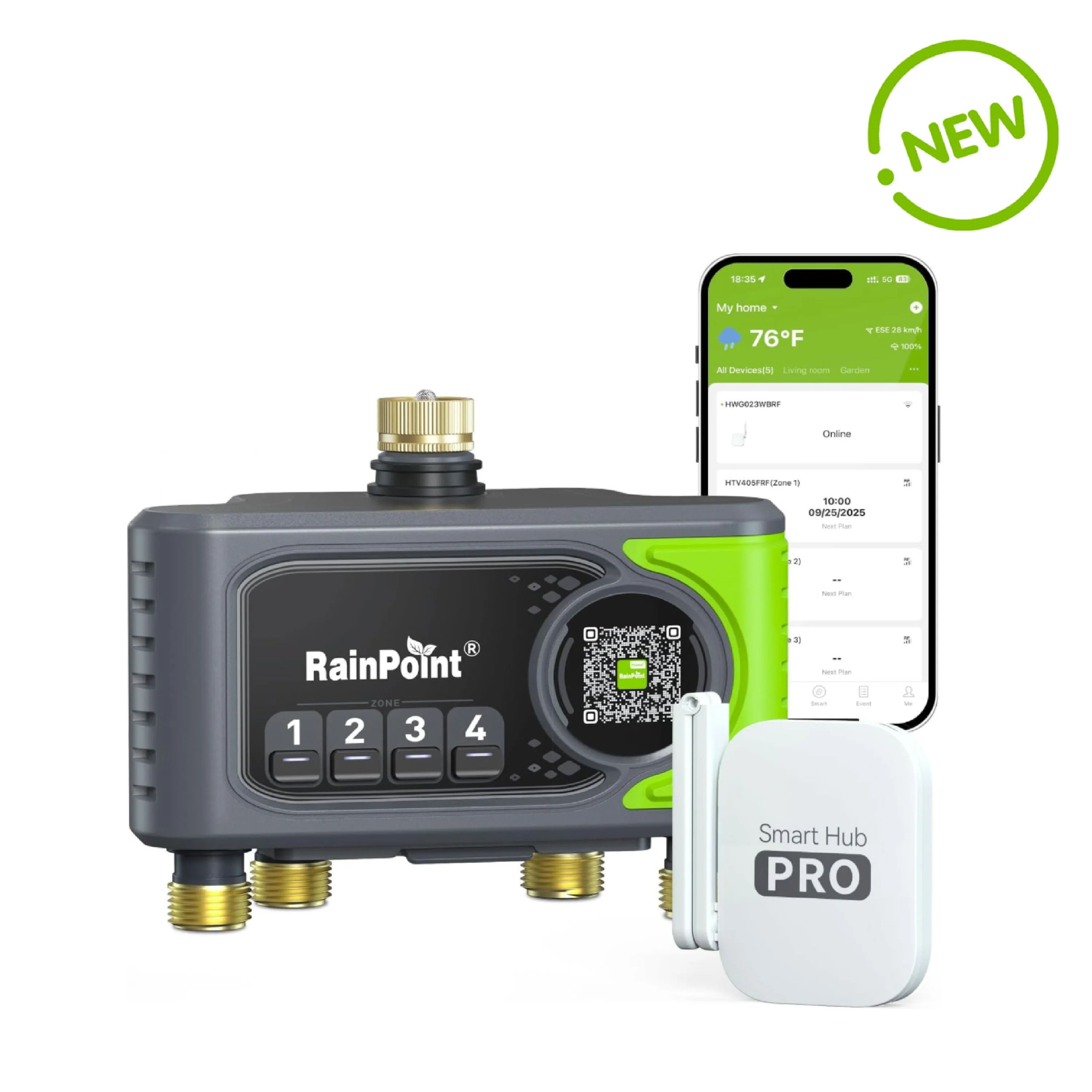 RainPoint smart irrigation device with mobile app display and new label.