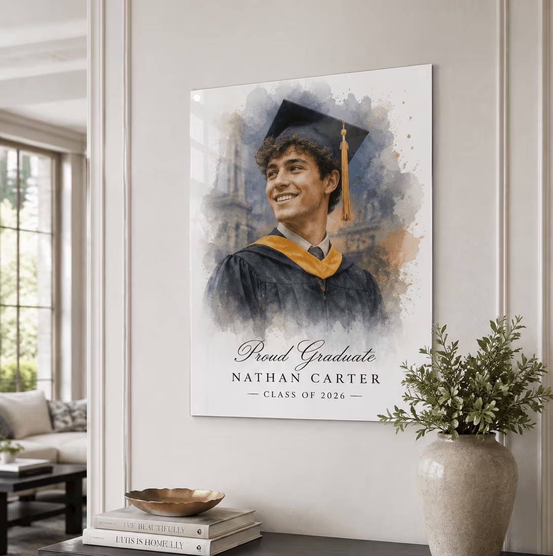 Graduation portrait of Nathan Carter, Class of 2023, displayed on a wall.