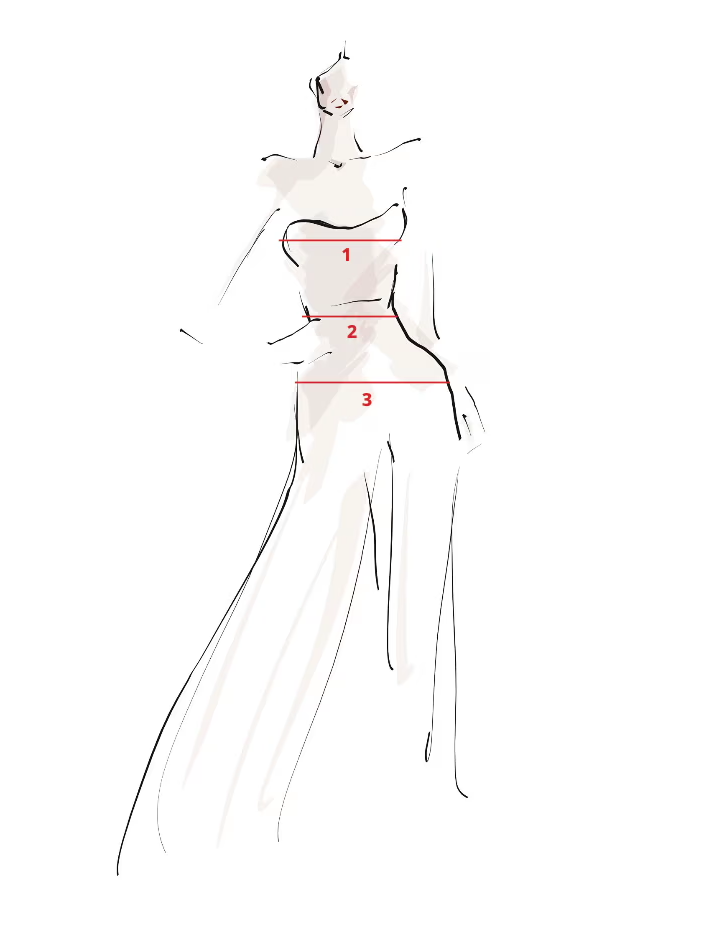Fashion sketch illustrating dress design with numbered measurement points.