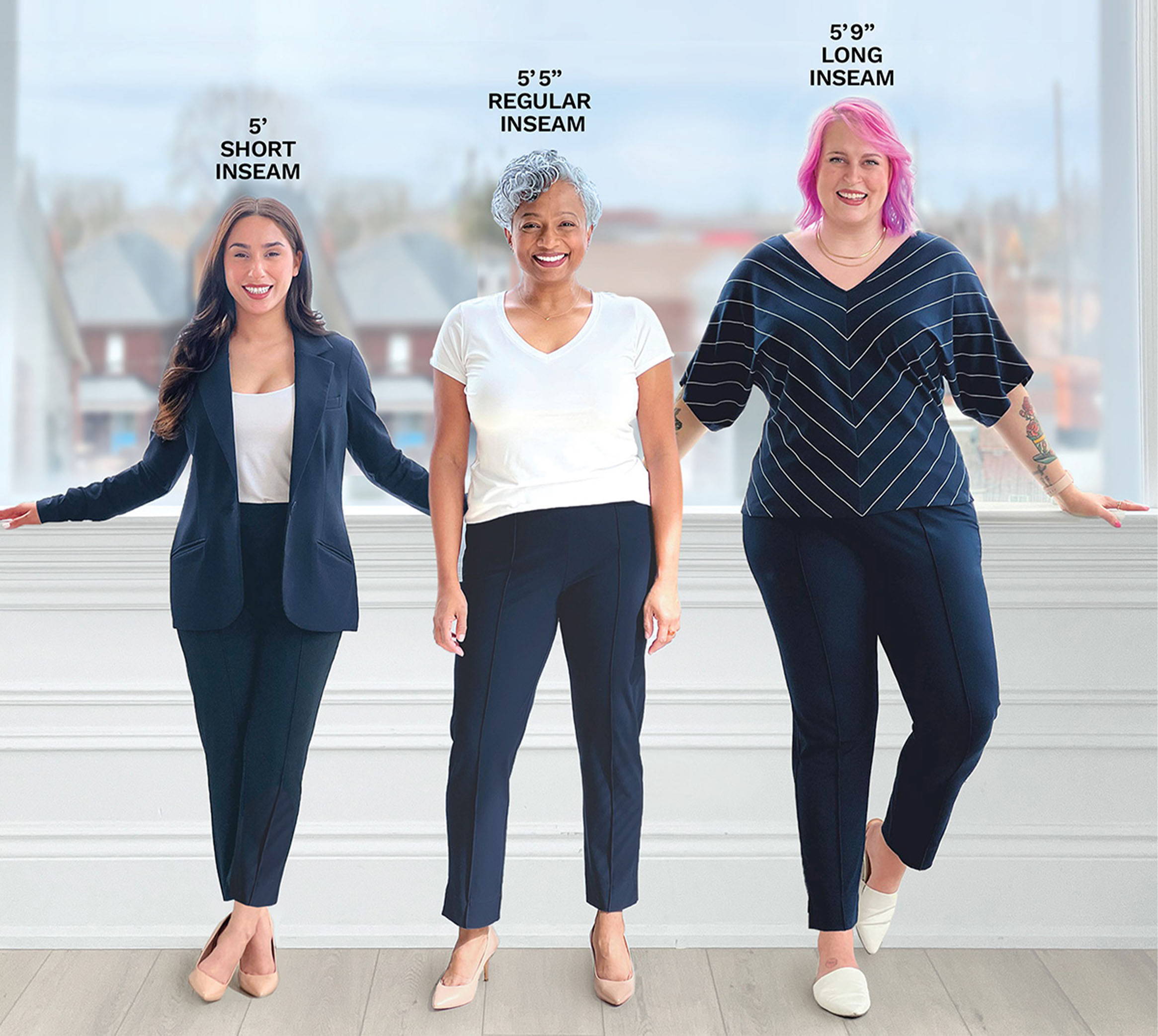 Three women different heights standing next to each other wearing Miik's Christal pull-on pintuck ankle pant in short, regular and long inseam.