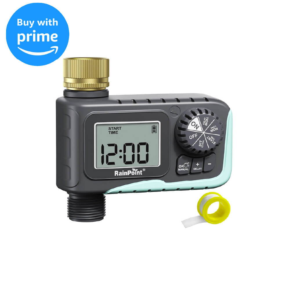 Digitaler Timer für die Bewässerung mit Schlauchanschluss und gelbem Band.