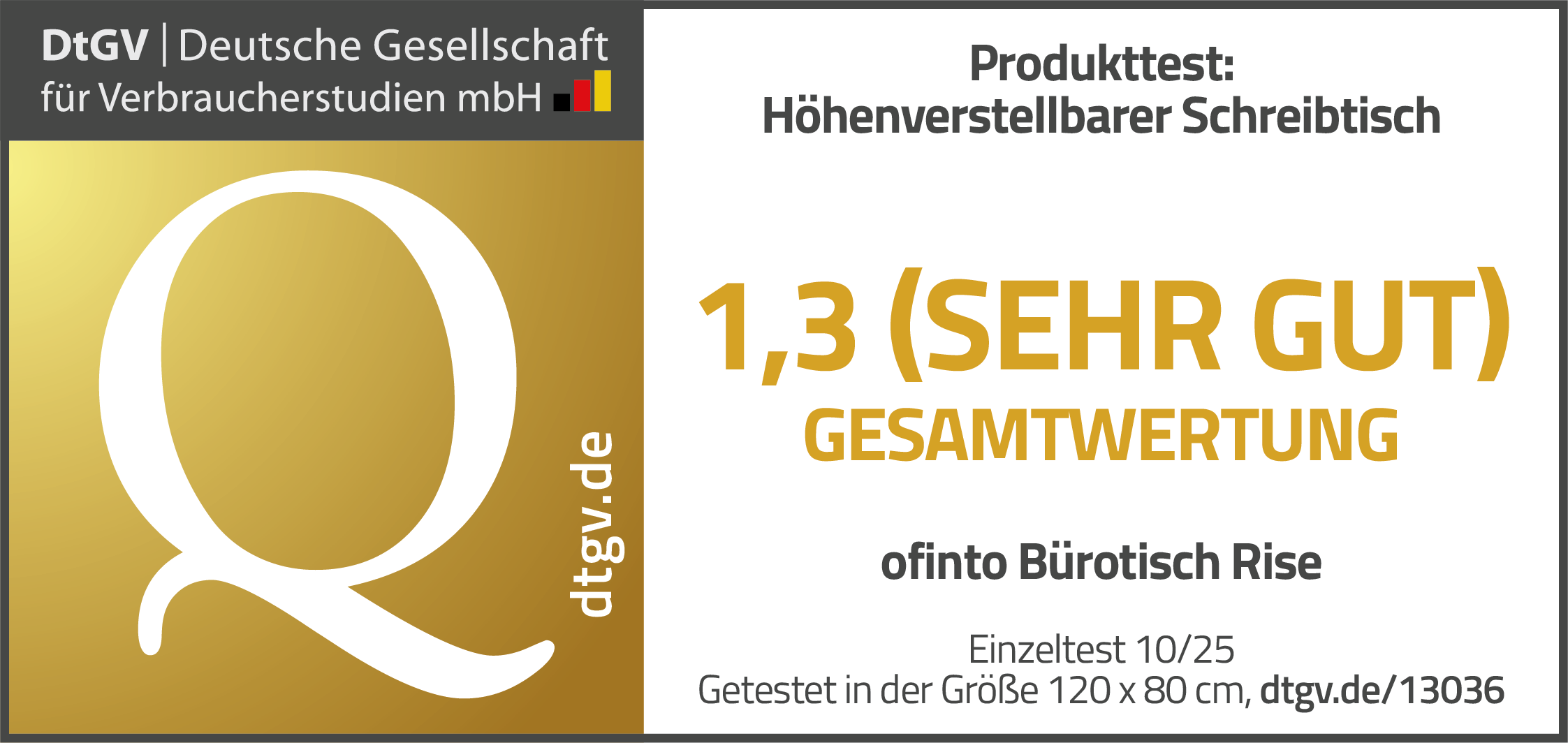 DtGV-Testsiegel: ofinto Bürotisch Rise mit der Gesamtwertung 1,3 sehr gut im Produkttest höhenverstellbarer Schreibtische