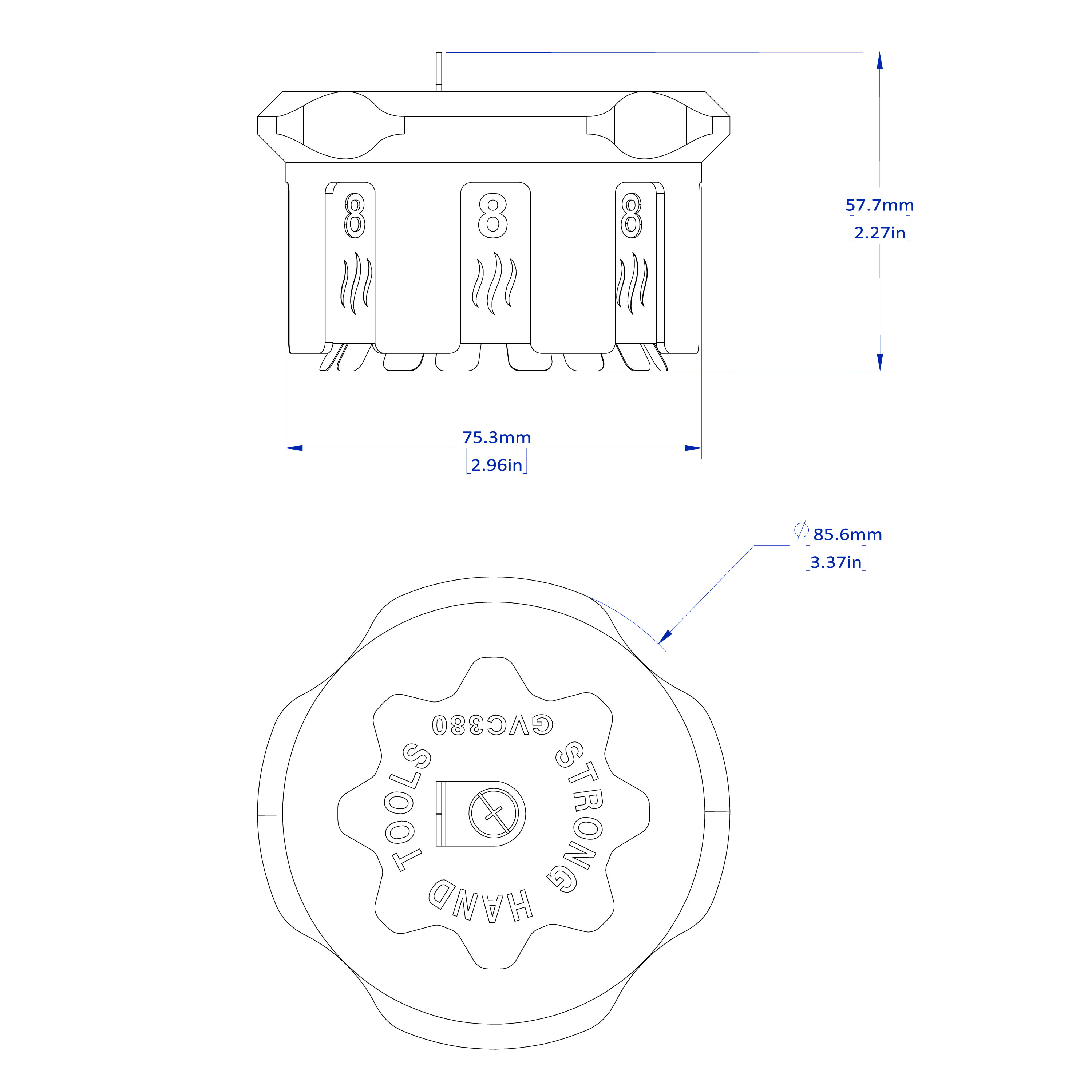 Technical drawing of a tool with dimensions and top view.