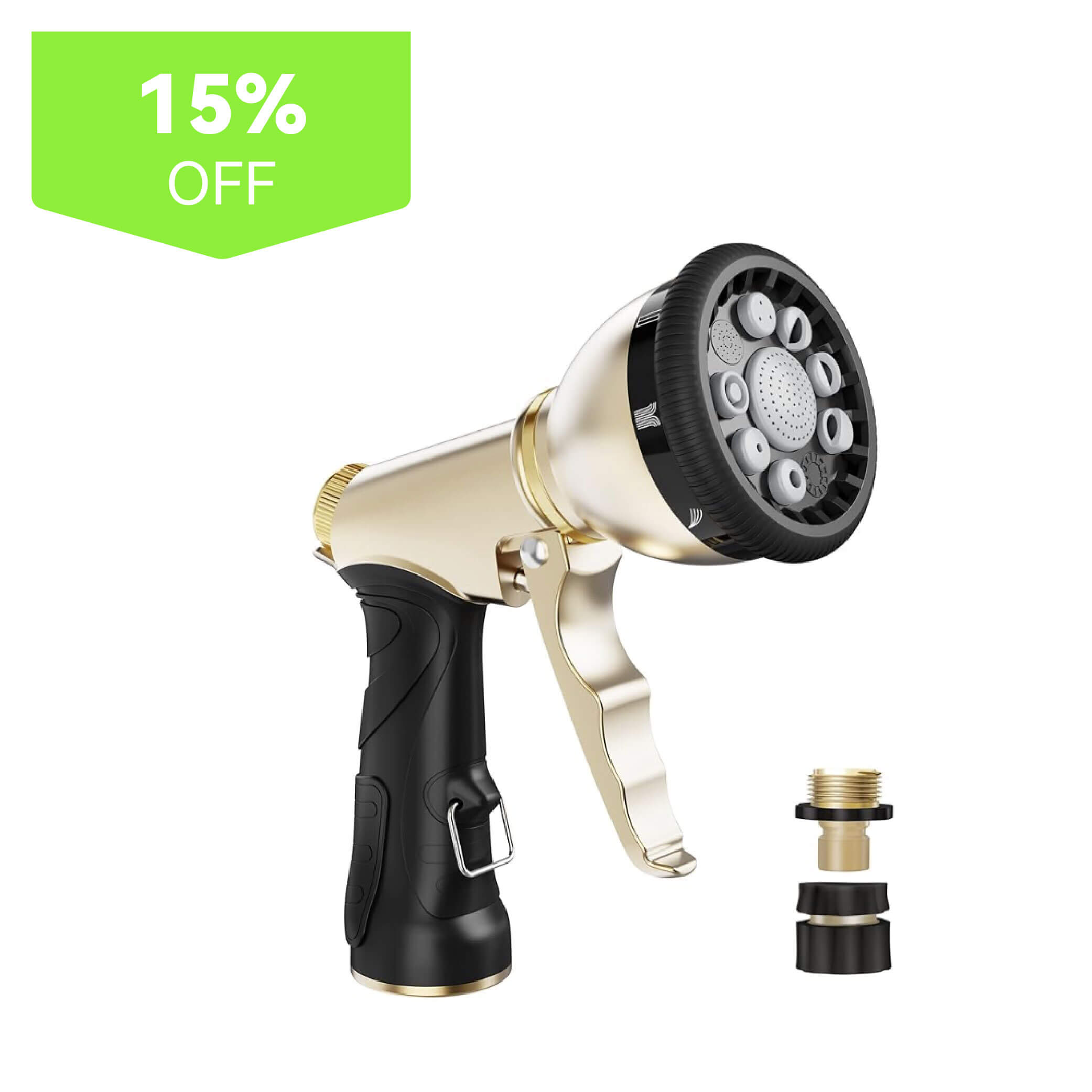 Garden hose spray nozzle with attachment, featuring a 15% off tag.