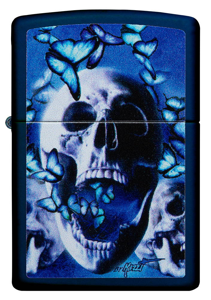 Lighter with a skull and butterfly artwork.
