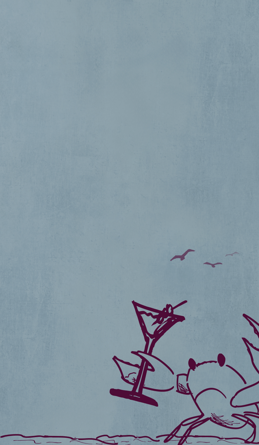 A crab holding a cocktail against a blue background with seagulls.