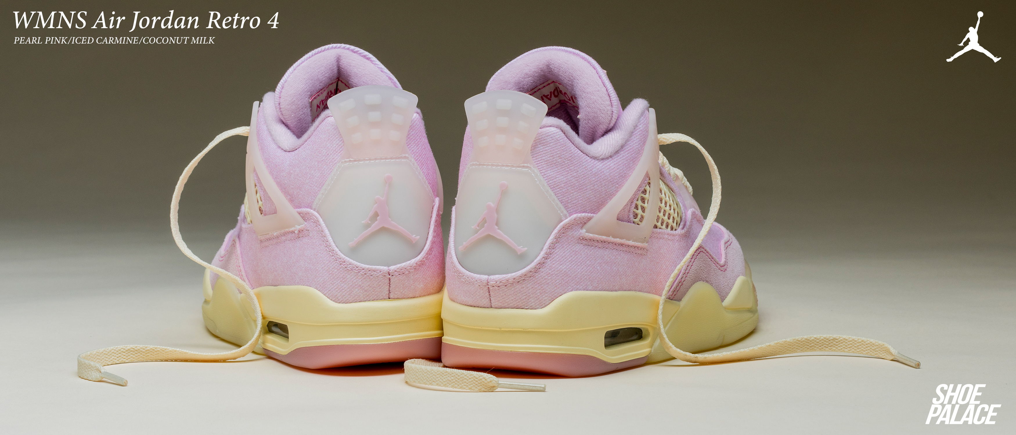 Pink and yellow Nike Air Jordan sneakers, viewed from the back.