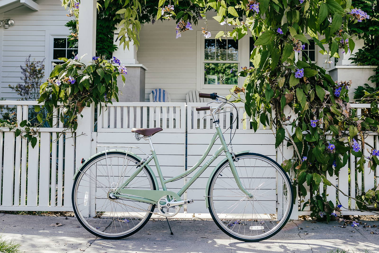 A Linus Dutchi bike in sage green sits against a garden gate surrounded by purple flowers.