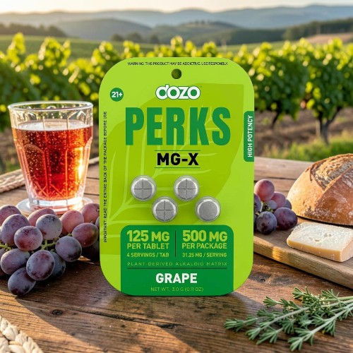 Grape-flavored supplement package with wine, grapes, and bread in a vineyard setting.