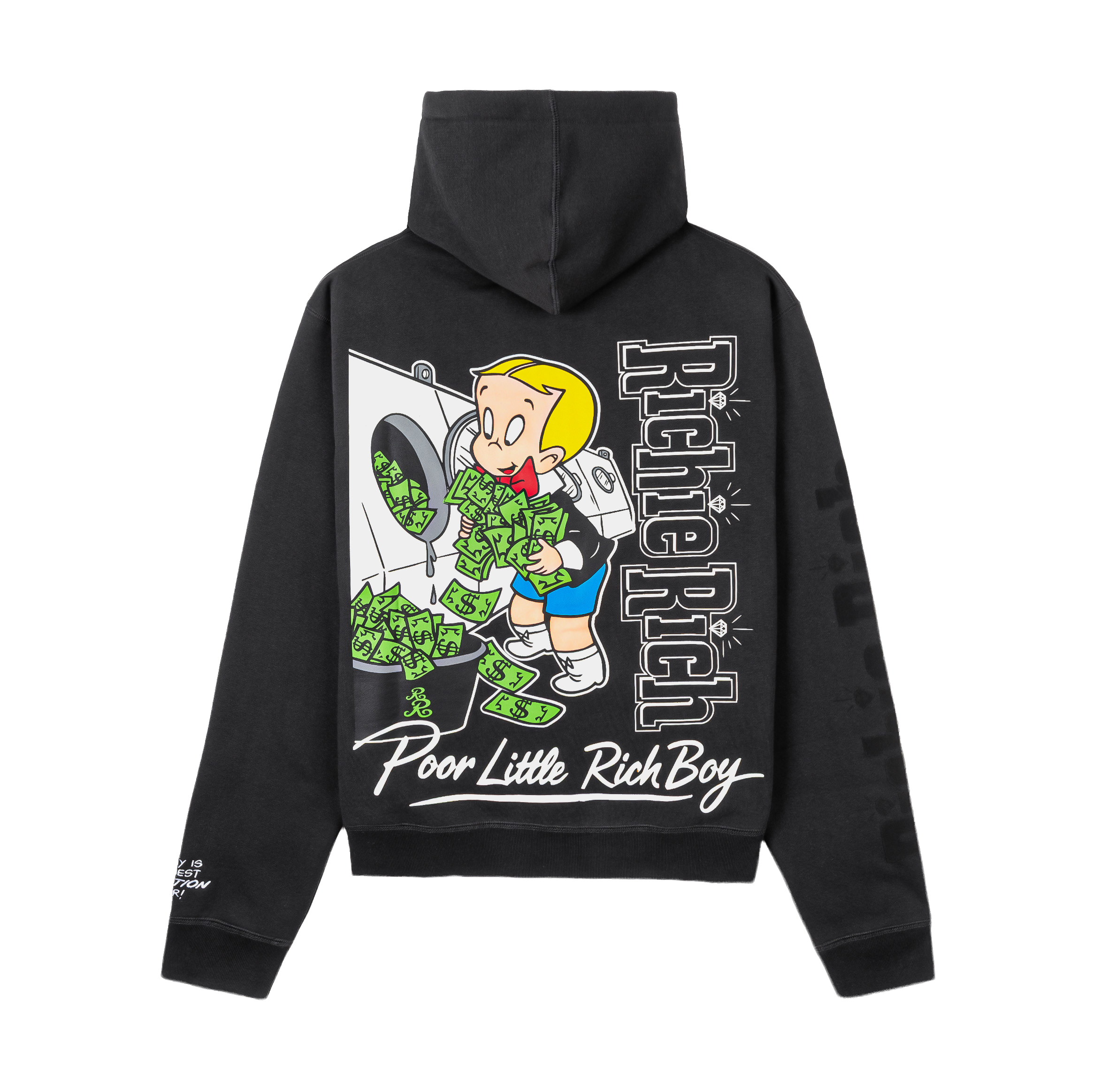 Black zip-up hoodie with colorful graphic designs and a front pocket.