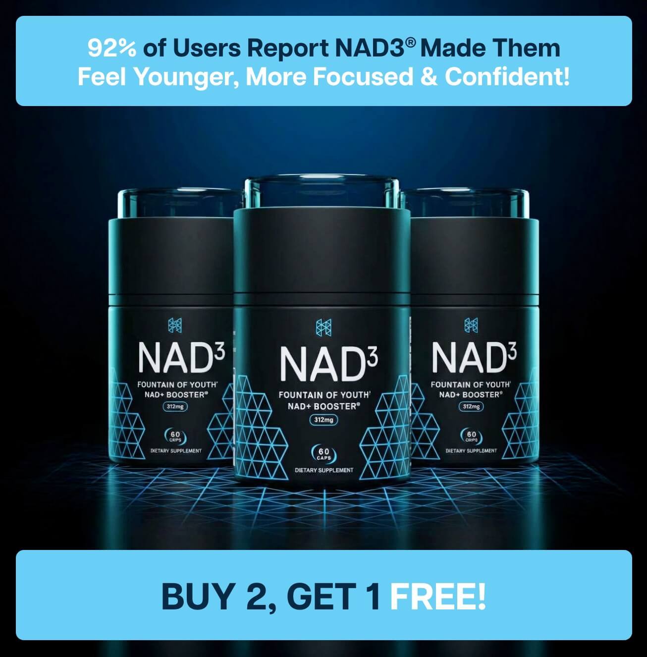 3 bottles displayed with NAD3 promoting a buy 2, get 1 free offer. 