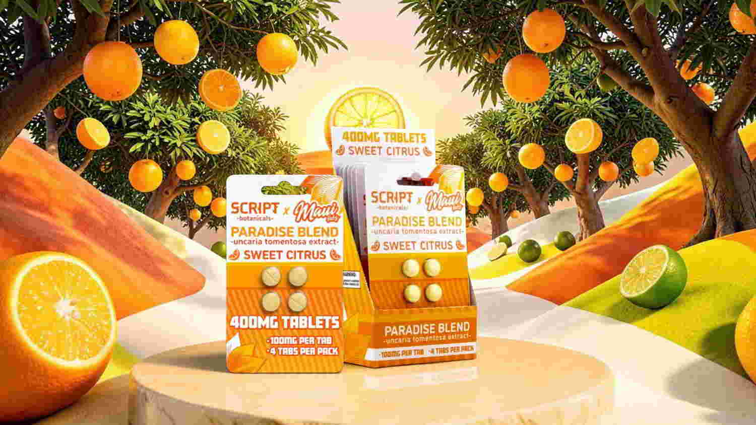 Two boxes of orange-flavored supplements in a vibrant citrus landscape.