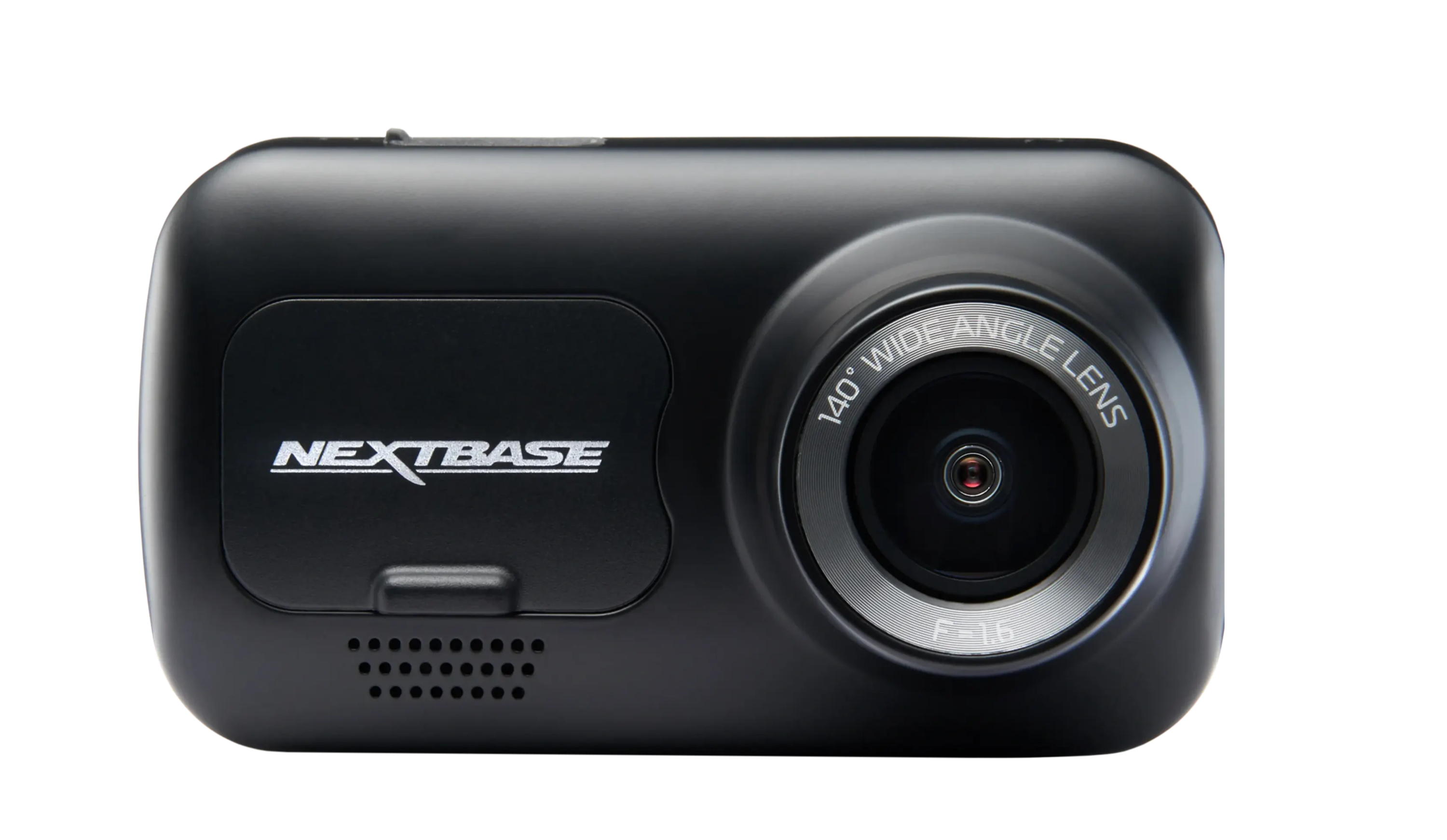 Black dashboard camera with lens and brand logo.