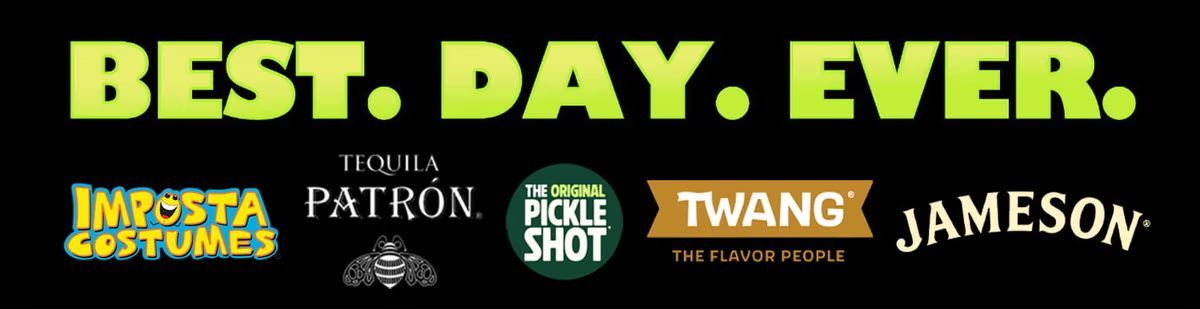 Best. Day. Ever. The Big Dill® Philadelphia 2026 partner logos for National Pickle Day at Stateside Live!: Imposta Costumes, Tequila Patrón, The Original Pickle Shot, TWANG and Jameson Irish Whiskey