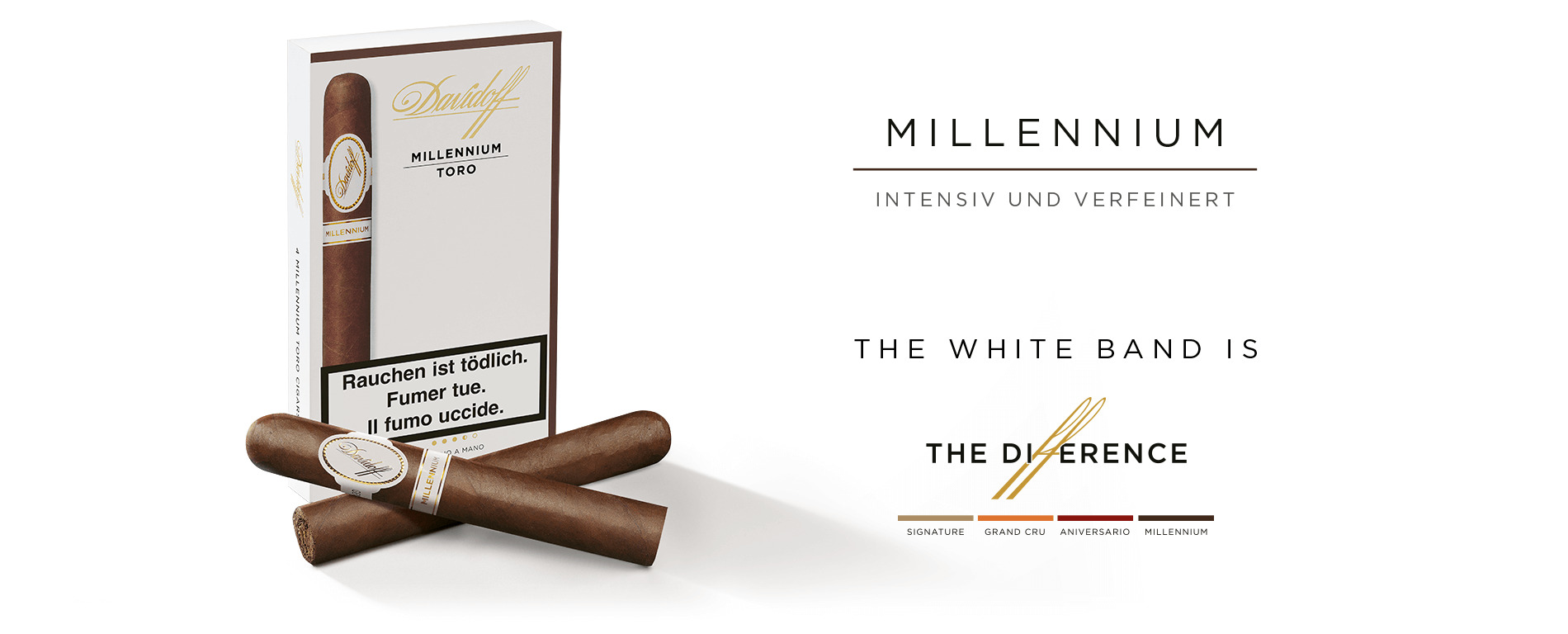 Eine Schachtel Davidoff Millennium Toro-Zigarren mit zwei gekreuzten Zigarren davorliegend. 