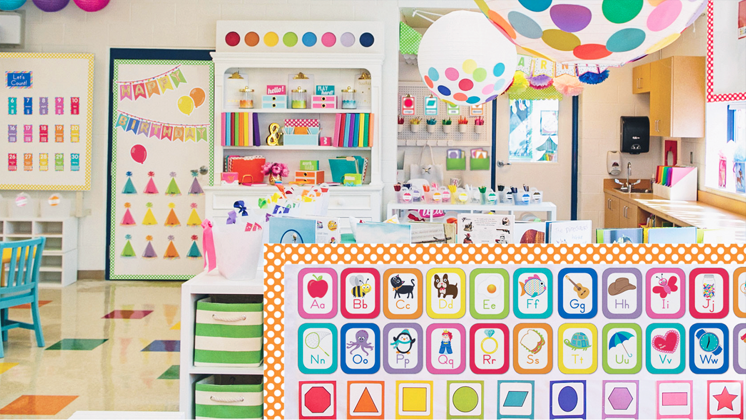 Classroom filled with the colorful and cheerful Just Teach Décor Theme