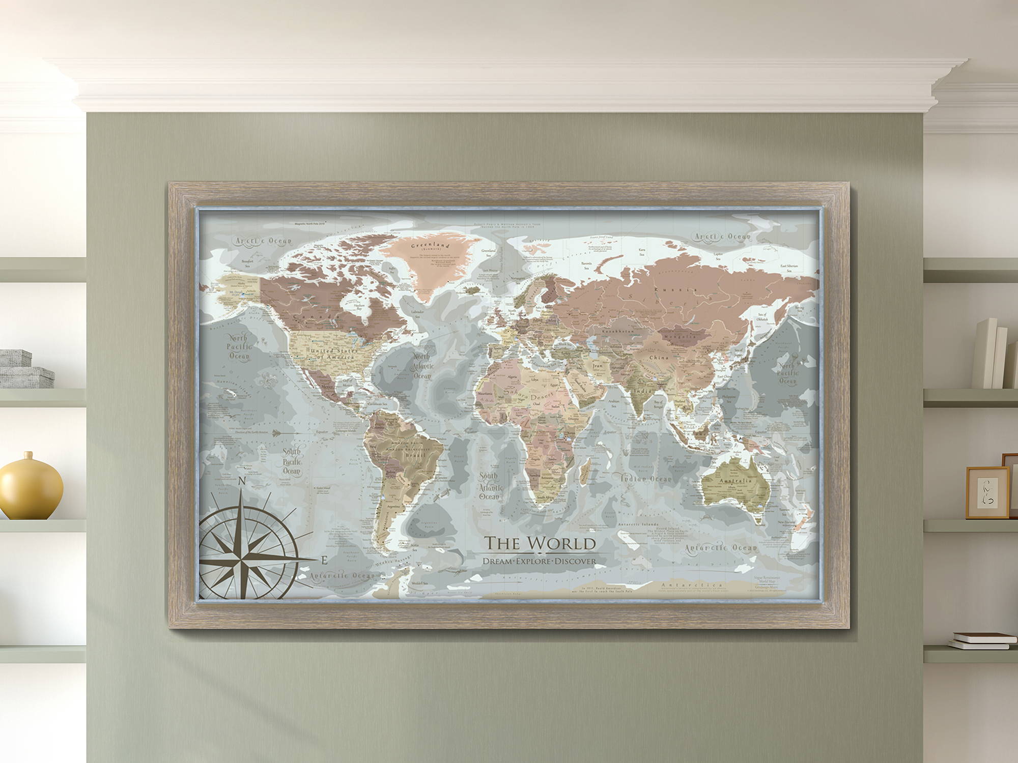 High-quality framed world map for pinning travels