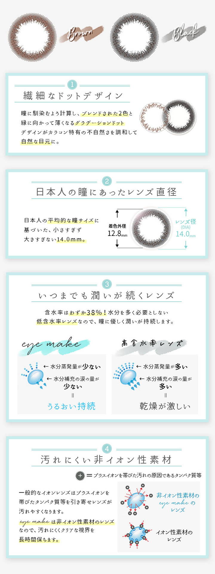 アイメイクワンマンス(eyemake 1month),繊細なドットデザイン,日本人の瞳にあったレンズ直径,いつまでも潤いが続くレンズ,汚れにくい非イオン性素材|アイメイクワンマンス(eyemake 1month)コンタクトレンズ