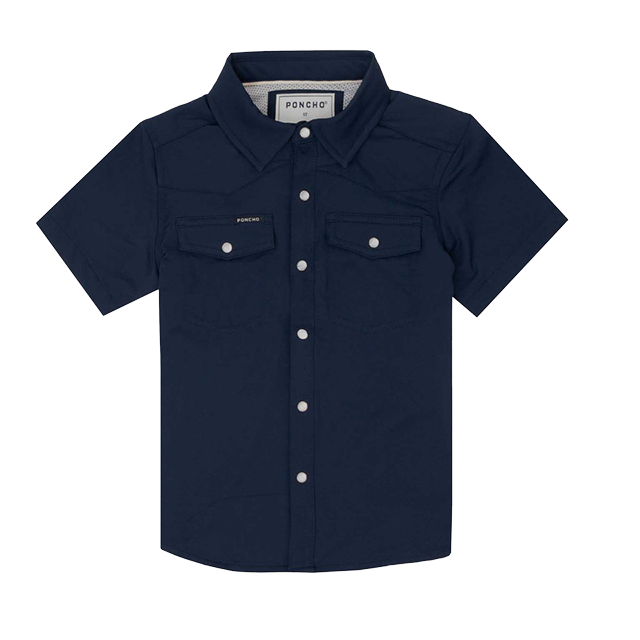 Navy short-sleeve button-up shirt with two chest pockets.
