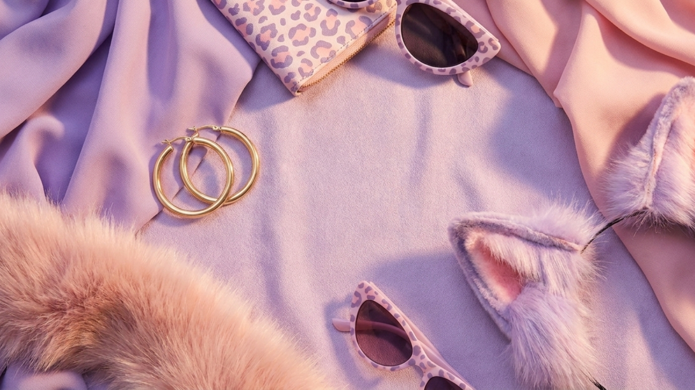 Clawdeen Wolf cosplay styling elements with purple fabric gold accessories and leopard print