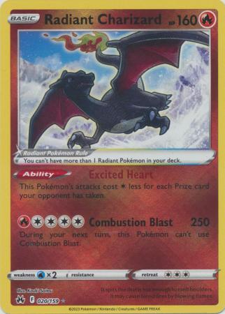 Radiant Charizard Pokémon card with abilities and attack details.