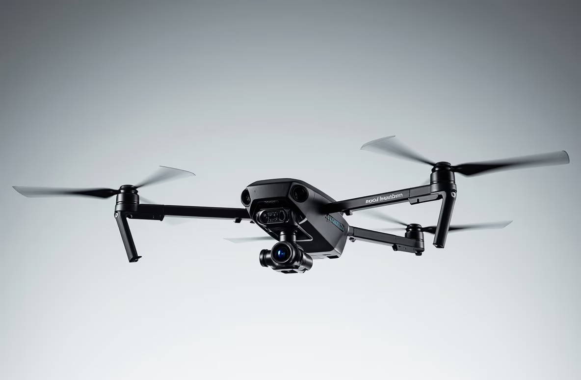 A black drone with four propellers against a gray background.