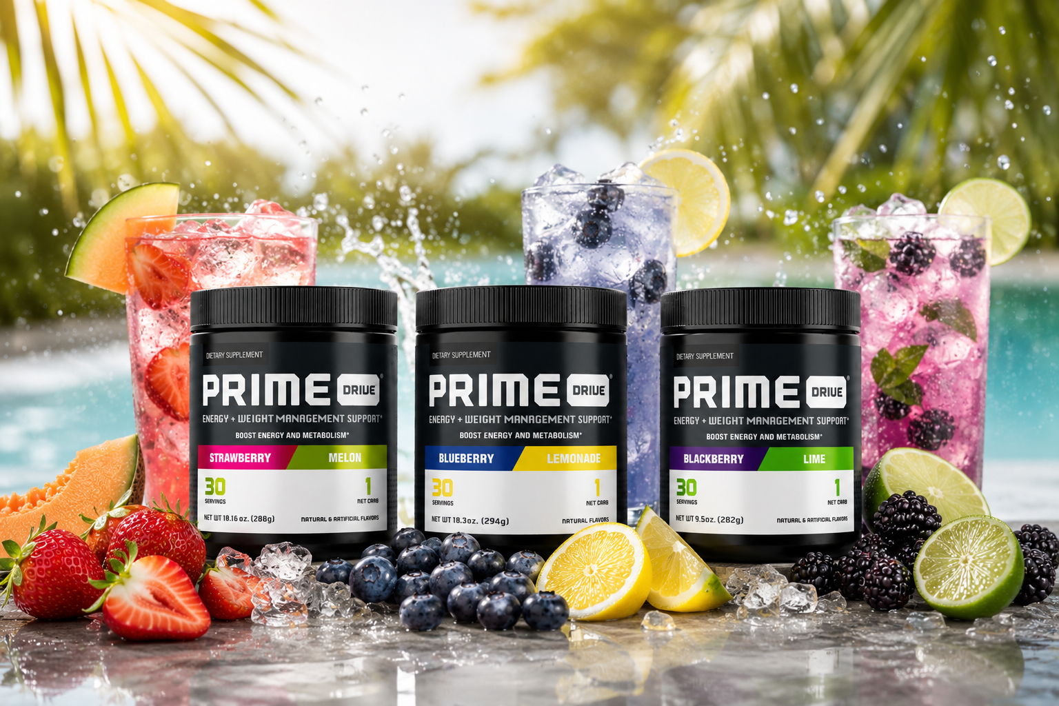 Three PRIME products with colorful drinks and fresh fruits by a pool.