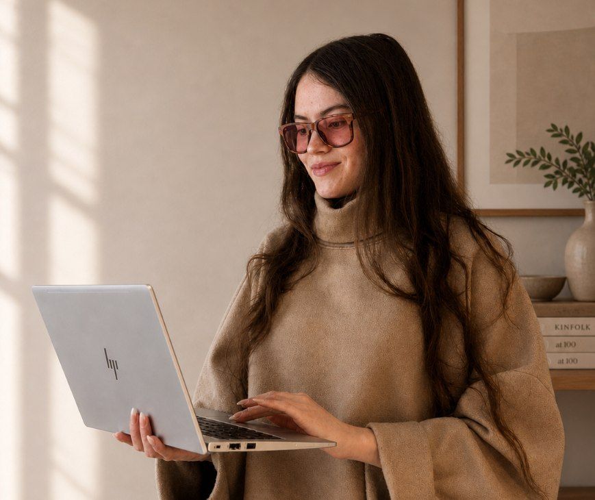 Woman holding a laptop wearing Fl-41 Glasses for migraine