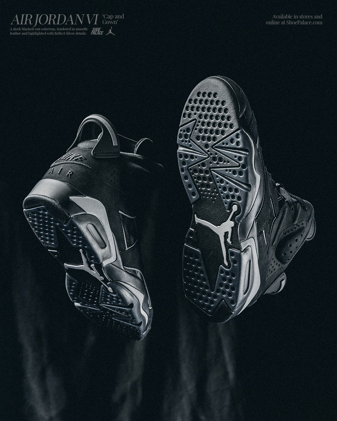 Black Air Jordan sneakers shown from above and below on a dark background.