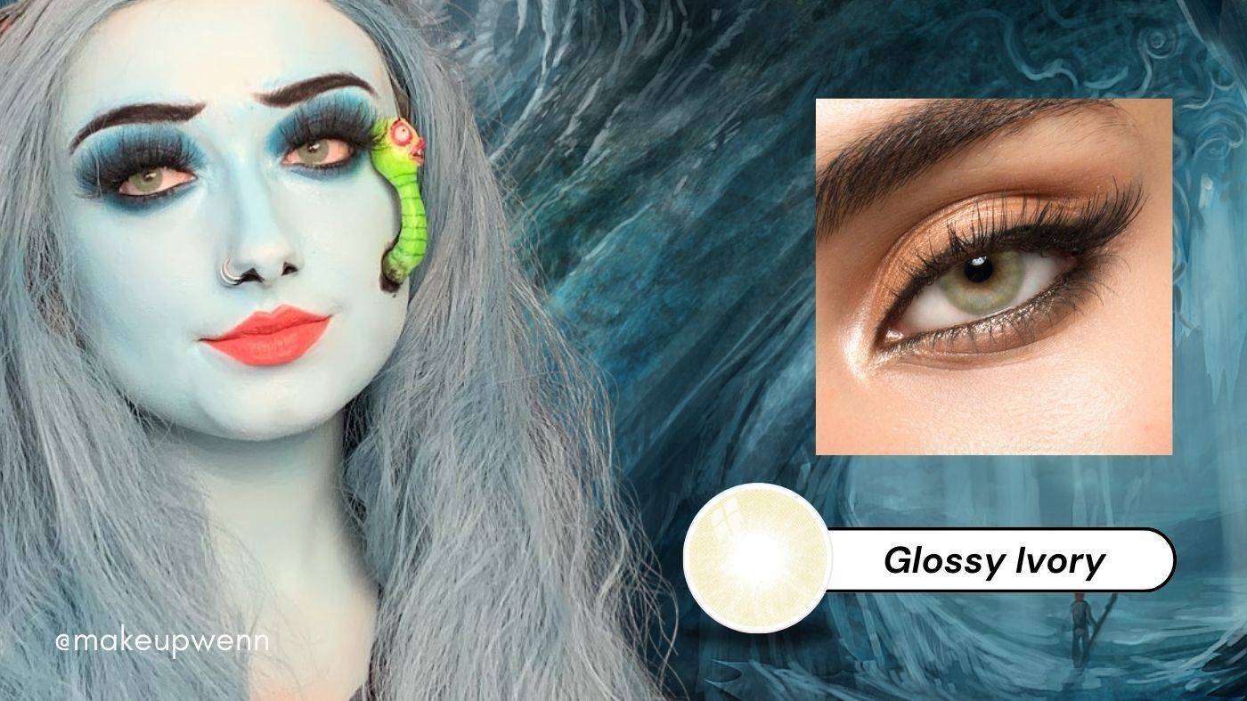 Model cosplaying the disney character Emily the corpse with full blue body and face make up and wearing the Eyecandys glossy ivory colored contacts next to a cutout of the same ivory color contact lens on a white background