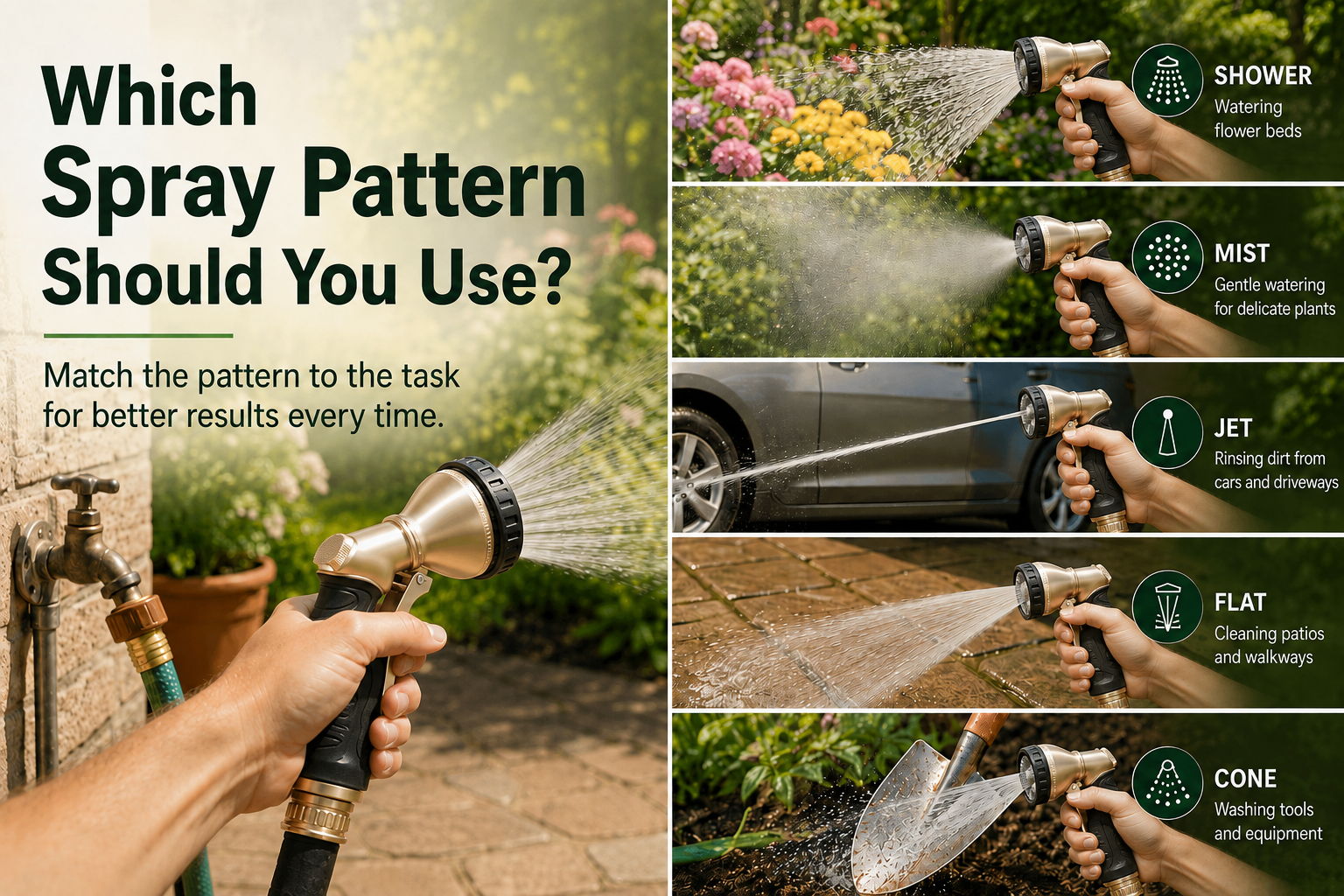 Guide to choosing spray patterns for various watering tasks.
