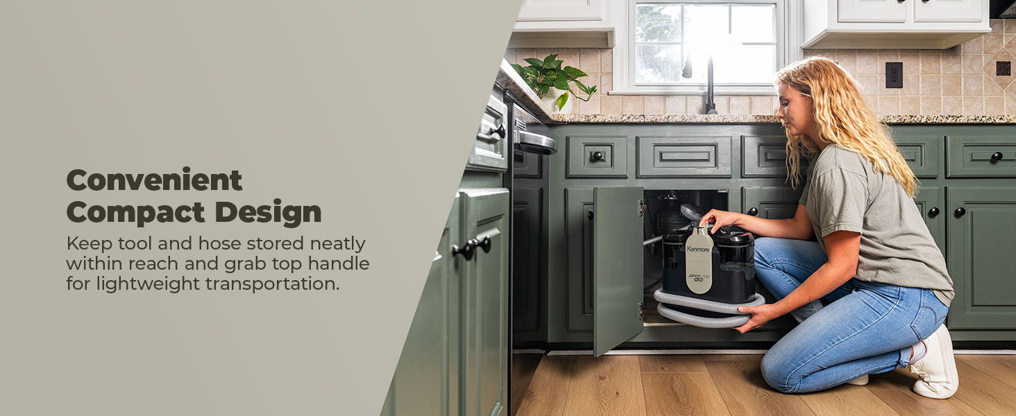 A woman stores the Spotlite GO under a kitchen cabinet. Text about convenient compact design.